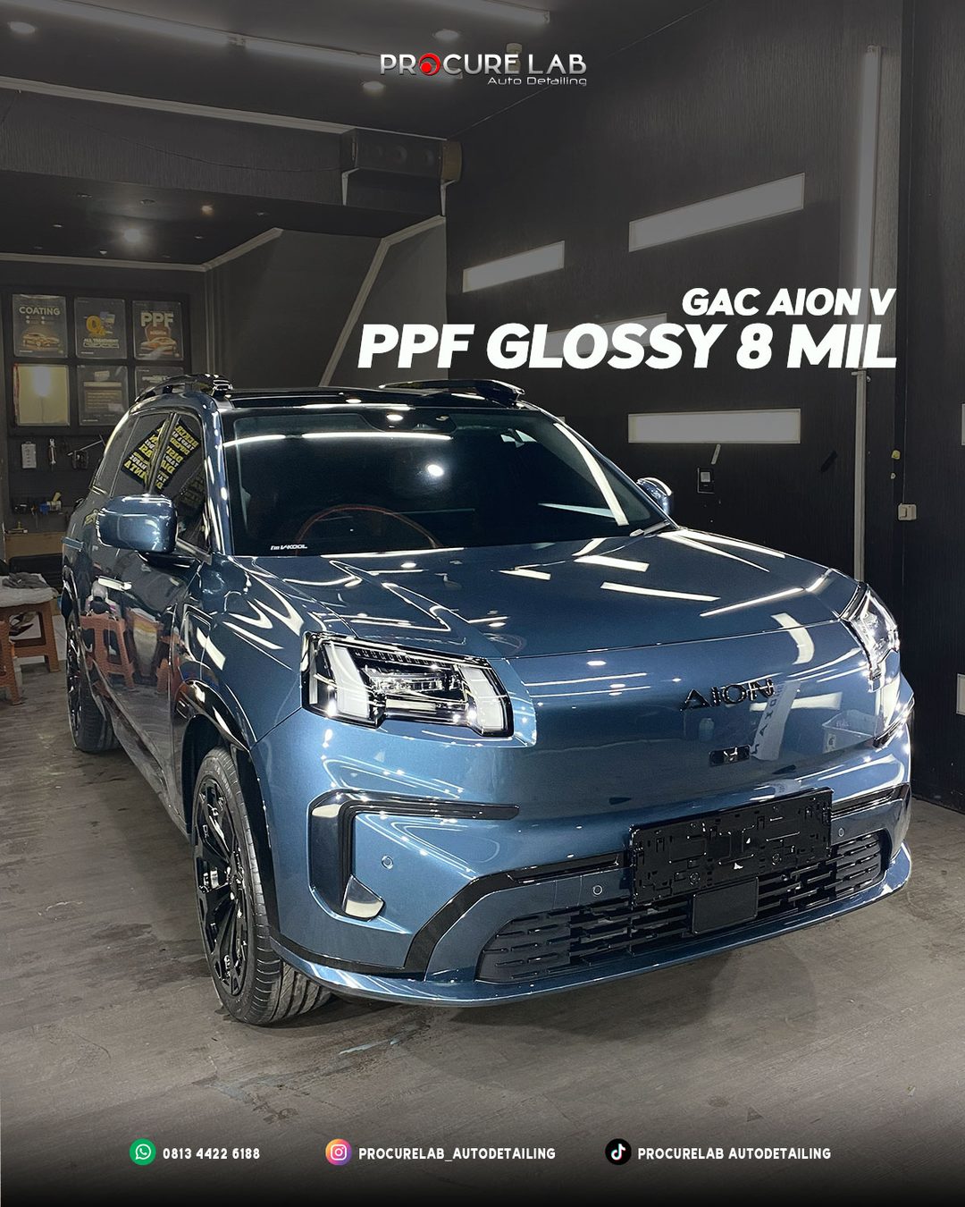 PPF Glossy Avery Dennison Ultima+ pada GAC AION V Galaxy Blue
